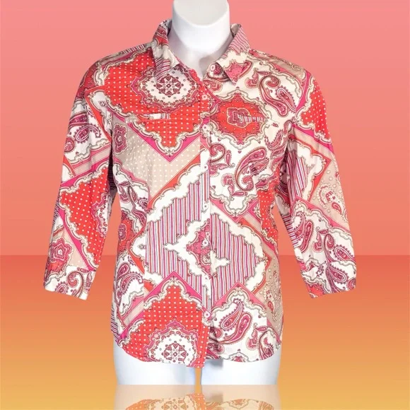 Van Heusen Patchwork Paisley Button Front Shirt XL Red Pink Cotton - Picture 5 of 14